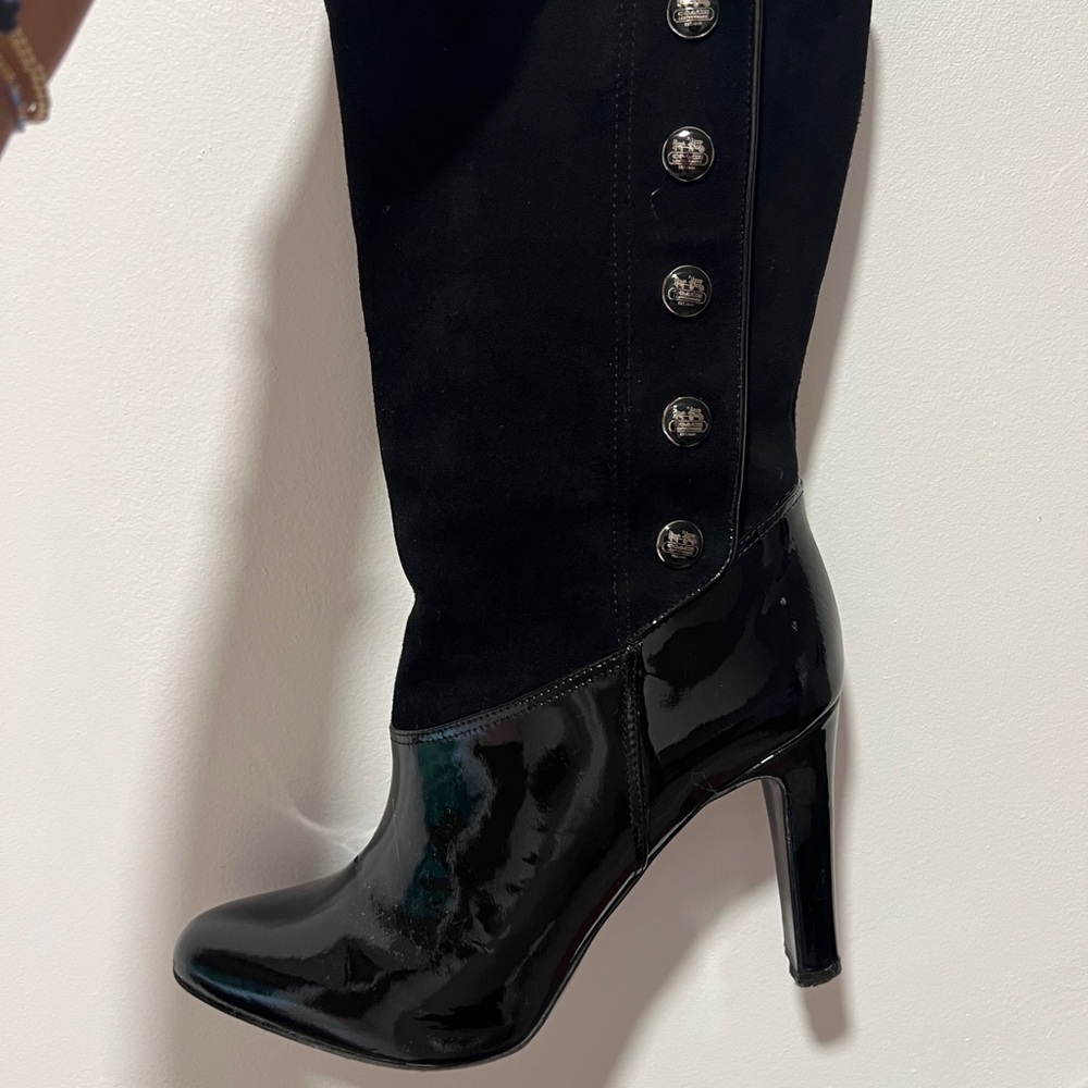 Coach Azalia Black Heeled Boots with Button Detail